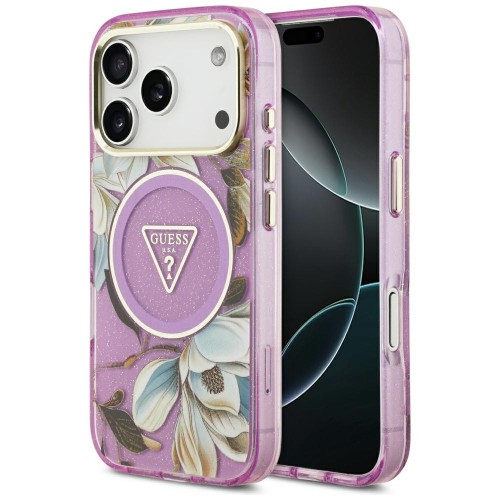 Etui Guess IML Glitter Flowers Triangle MagSafe do Apple iPhone 18 Pro / 17 Pro fioletowy