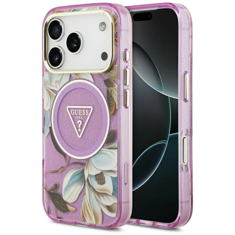Etui Guess IML Glitter Flowers Triangle MagSafe do Apple iPhone 18 Pro / 17 Pro fioletowy