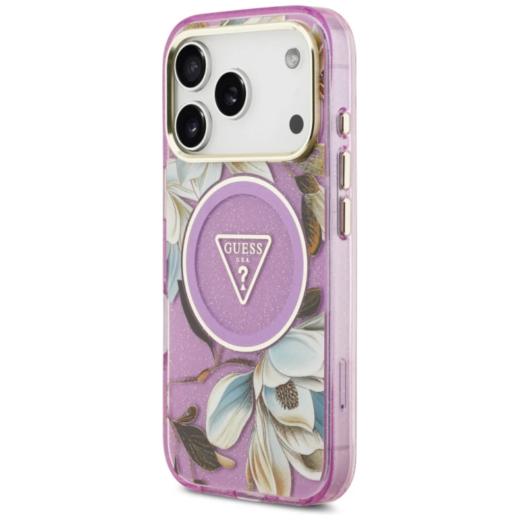 Etui Guess IML Glitter Flowers Triangle MagSafe do Apple iPhone 18 Pro / 17 Pro fioletowy