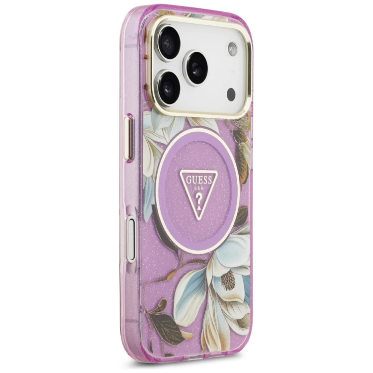 Etui Guess IML Glitter Flowers Triangle MagSafe do Apple iPhone 18 Pro / 17 Pro fioletowy