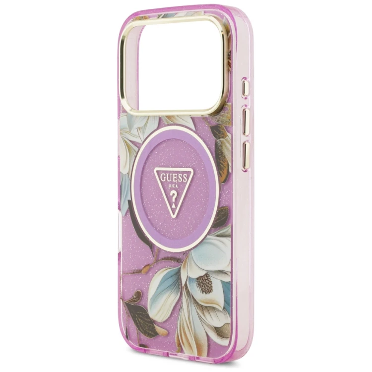 Etui Guess IML Glitter Flowers Triangle MagSafe do Apple iPhone 18 Pro / 17 Pro fioletowy