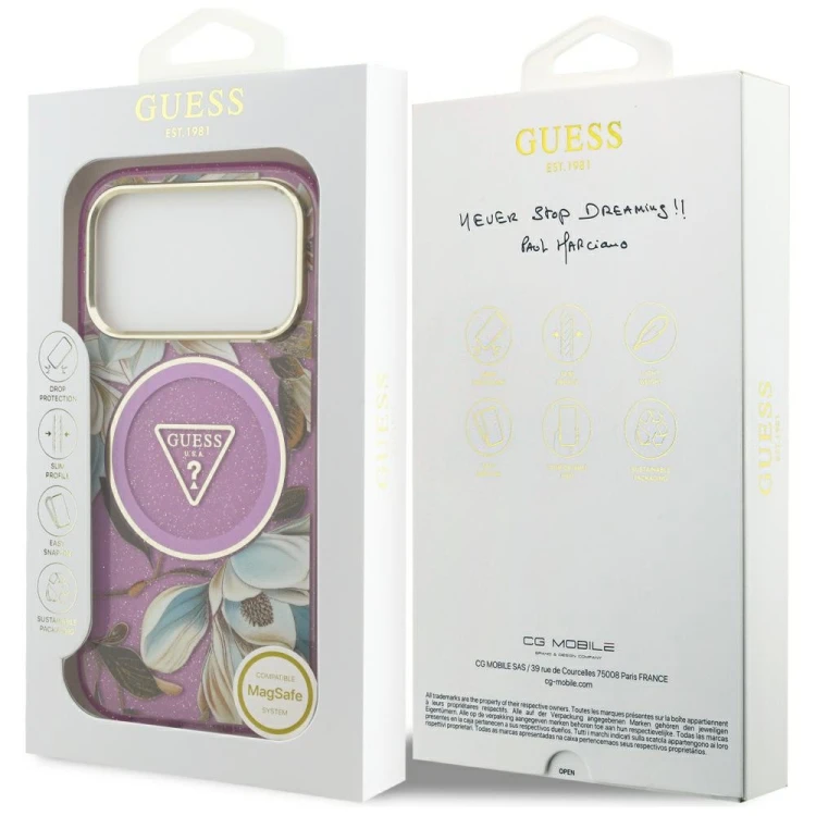 Etui Guess IML Glitter Flowers Triangle MagSafe do Apple iPhone 18 Pro / 17 Pro fioletowy