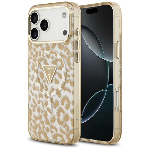 Etui Guess IML Leopard Glitter Triangle Logo MagSafe do Apple iPhone 18 Pro / 17 Pro brązowy