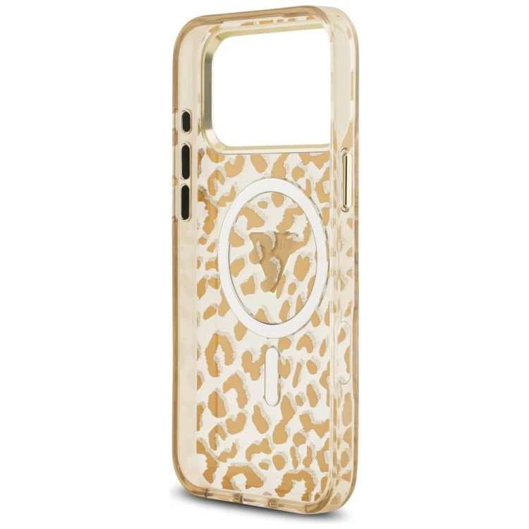 Etui Guess IML Leopard Glitter Triangle Logo MagSafe do Apple iPhone 18 Pro / 17 Pro brązowy