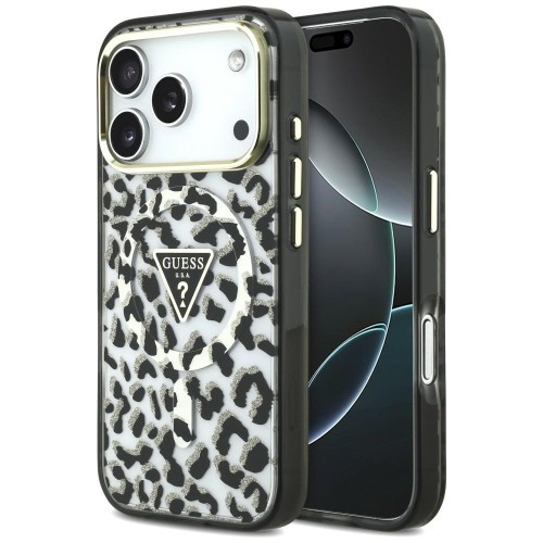 Etui Guess IML Leopard Glitter Triangle Logo MagSafe do Apple iPhone 18 Pro / 17 Pro czarny