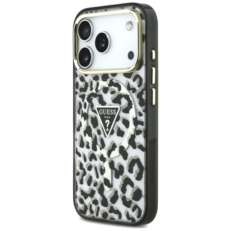 Etui Guess IML Leopard Glitter Triangle Logo MagSafe do Apple iPhone 18 Pro / 17 Pro czarny