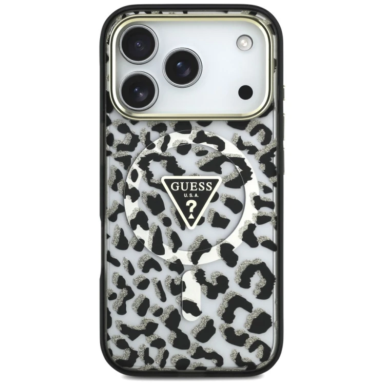 Etui Guess IML Leopard Glitter Triangle Logo MagSafe do Apple iPhone 18 Pro / 17 Pro czarny
