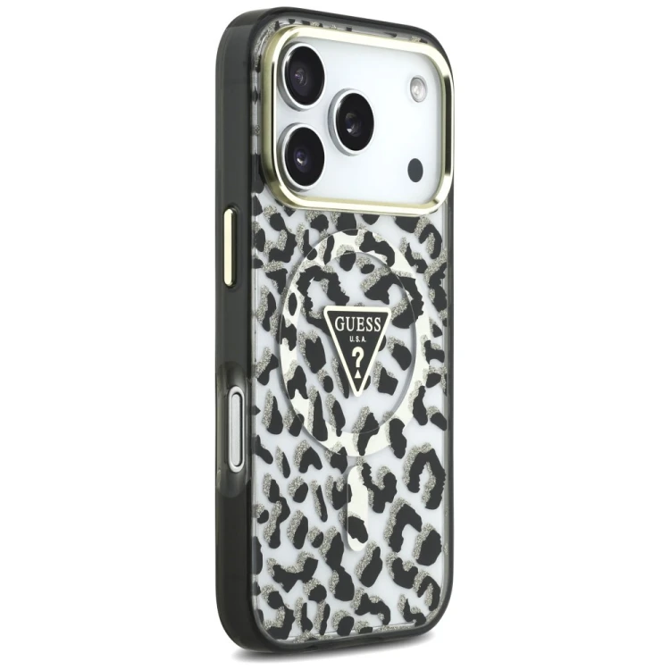 Etui Guess IML Leopard Glitter Triangle Logo MagSafe do Apple iPhone 18 Pro / 17 Pro czarny