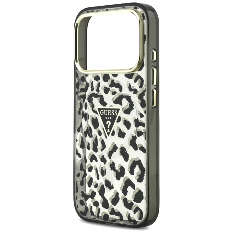 Etui Guess IML Leopard Glitter Triangle Logo MagSafe do Apple iPhone 18 Pro / 17 Pro czarny