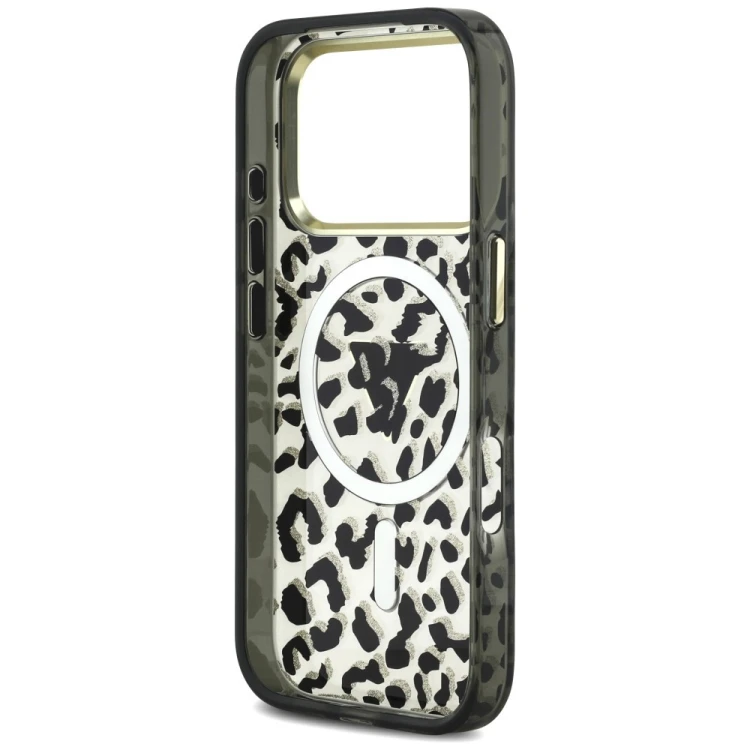 Etui Guess IML Leopard Glitter Triangle Logo MagSafe do Apple iPhone 18 Pro / 17 Pro czarny