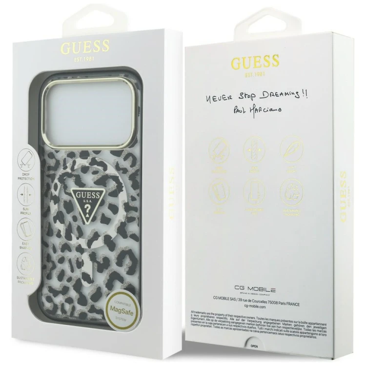 Etui Guess IML Leopard Glitter Triangle Logo MagSafe do Apple iPhone 18 Pro / 17 Pro czarny