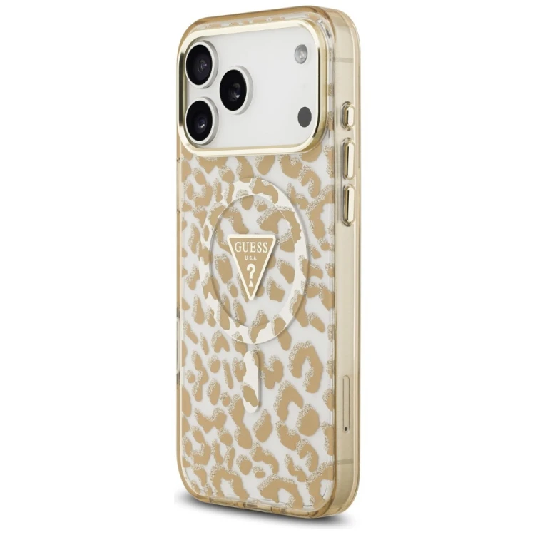 Etui Guess IML Leopard Glitter Triangle Logo MagSafe do Apple iPhone 18 Pro Max / 17 Pro Max brązowy