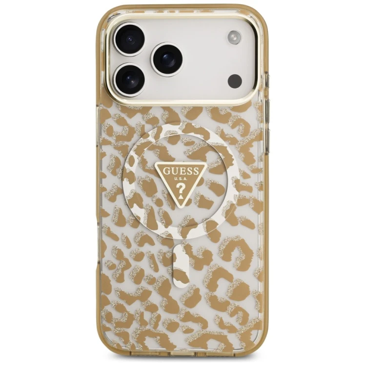 Etui Guess IML Leopard Glitter Triangle Logo MagSafe do Apple iPhone 18 Pro Max / 17 Pro Max brązowy