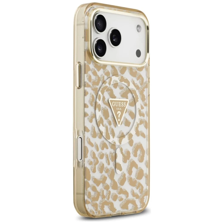 Etui Guess IML Leopard Glitter Triangle Logo MagSafe do Apple iPhone 18 Pro Max / 17 Pro Max brązowy