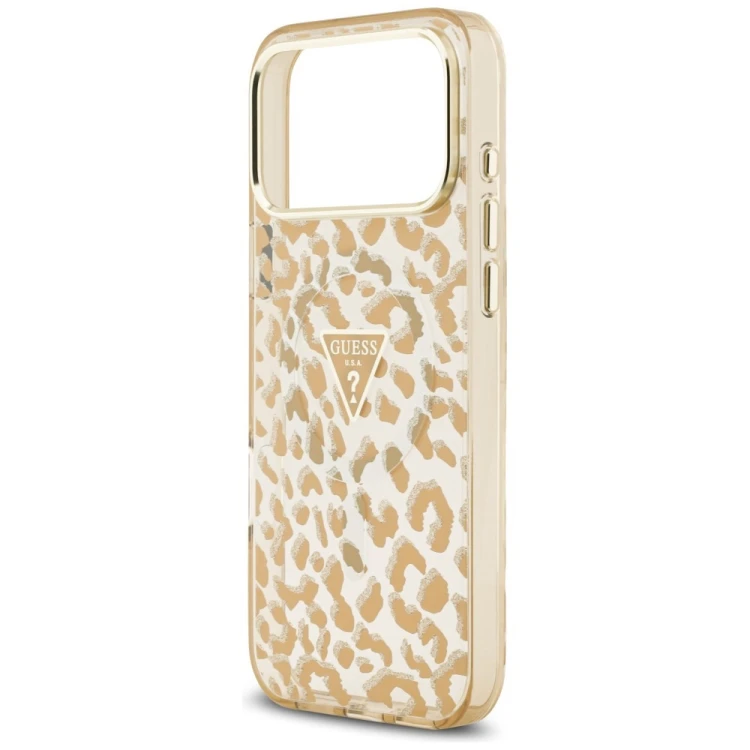 Etui Guess IML Leopard Glitter Triangle Logo MagSafe do Apple iPhone 18 Pro Max / 17 Pro Max brązowy