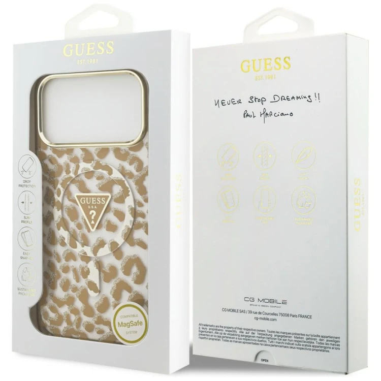Etui Guess IML Leopard Glitter Triangle Logo MagSafe do Apple iPhone 18 Pro Max / 17 Pro Max brązowy
