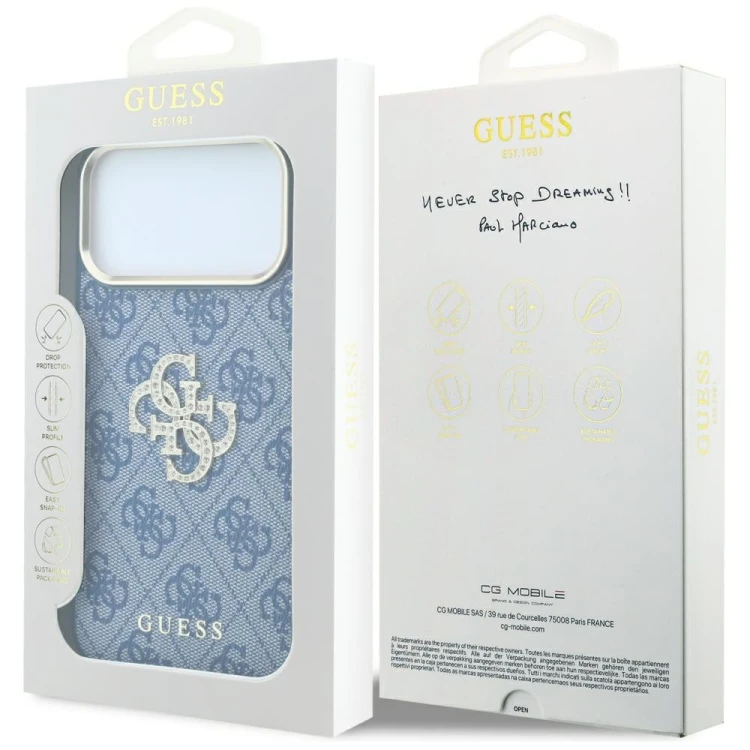 Etui Guess 4G & Big Strass Logo do Apple iPhone 18 Pro / 17 Pro niebieski