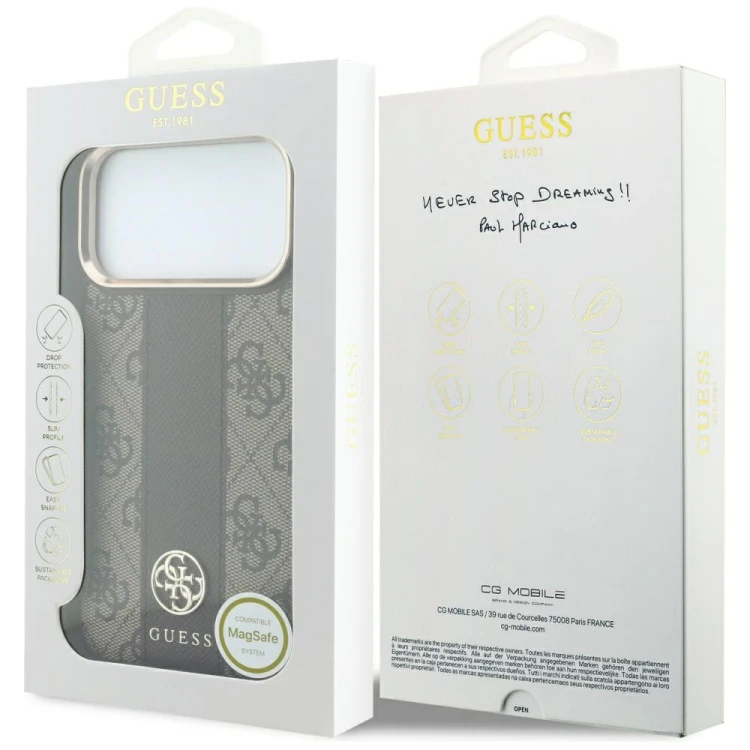 Etui Guess 4G with Stripe Round and Classic Logos MagSafe do Apple iPhone 18 Pro / 17 Pro brązowy