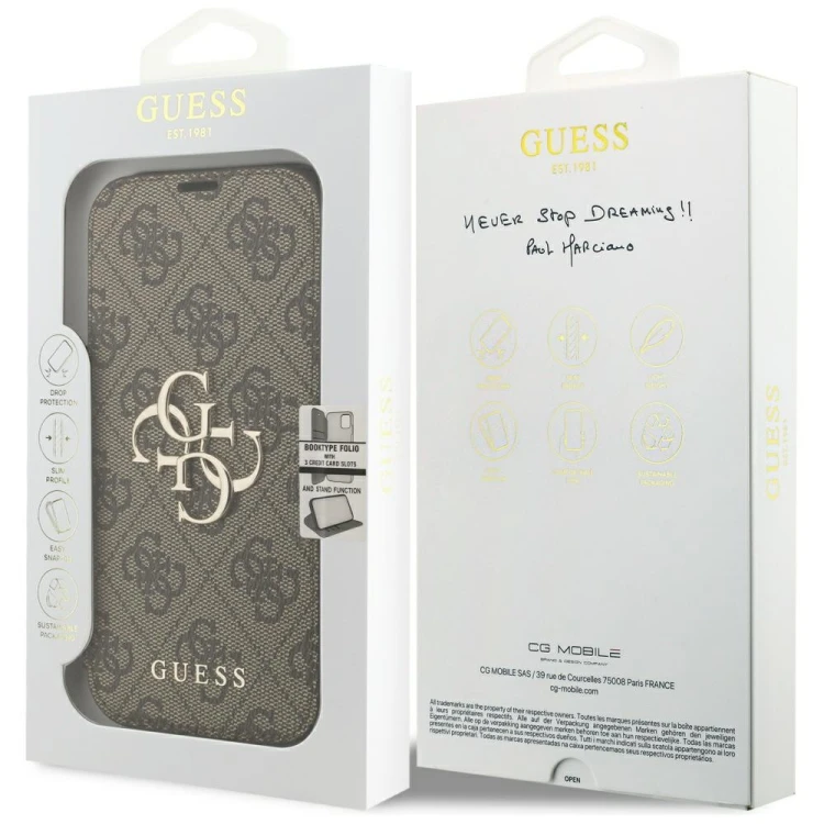 Etui Guess Book 4G Metal Logo do Apple iPhone 18 Pro / 17 Pro brązowy