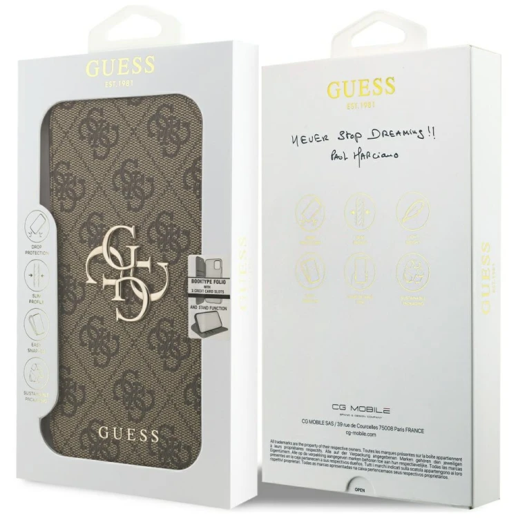Etui Guess Book 4G Metal Logo do Apple iPhone 18 Pro Max / 17 Pro Max brązowy
