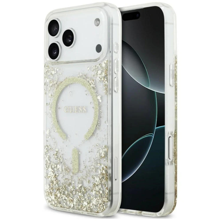 Etui Guess Resin Bottom Glitter MagSafe do Apple iPhone 18 Pro Max / 17 Pro Max złoty