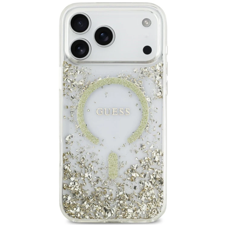 Etui Guess Resin Bottom Glitter MagSafe do Apple iPhone 18 Pro Max / 17 Pro Max złoty