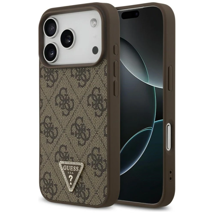 Etui Guess Leather 4G Triangle Strass MagSafe do Apple iPhone 18 Pro / 17 Pro brązowy