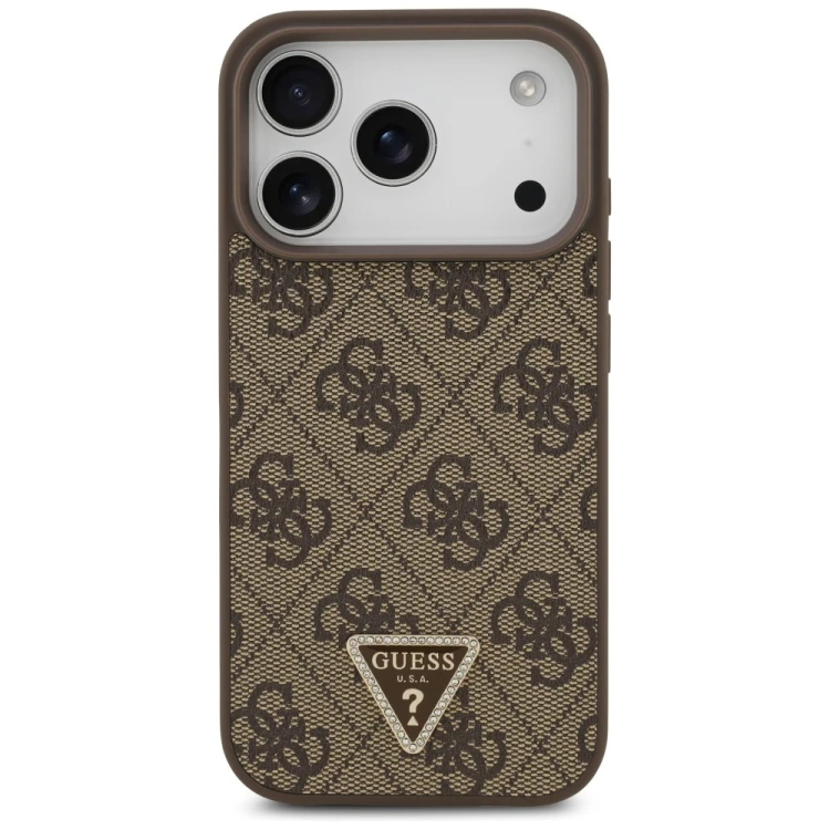Etui Guess Leather 4G Triangle Strass MagSafe do Apple iPhone 18 Pro / 17 Pro brązowy