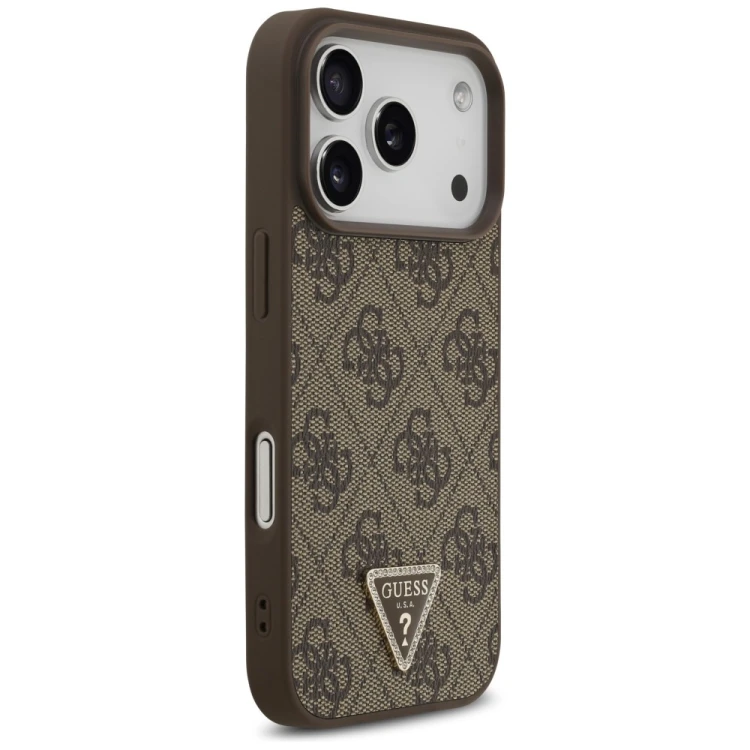 Etui Guess Leather 4G Triangle Strass MagSafe do Apple iPhone 18 Pro / 17 Pro brązowy