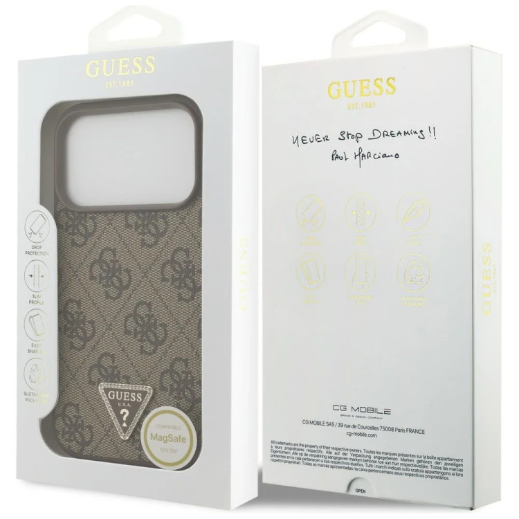 Etui Guess Leather 4G Triangle Strass MagSafe do Apple iPhone 18 Pro / 17 Pro brązowy