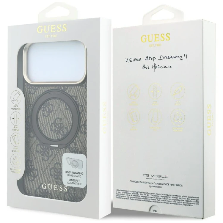 Etui Guess Ring Stand 360 4G Classic Logo MagSafe do Apple iPhone 18 Pro / 17 Pro brązowy