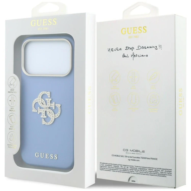 Etui Guess Smooth & Big Strass Logo do Apple iPhone 18 Pro / 17 Pro niebieski