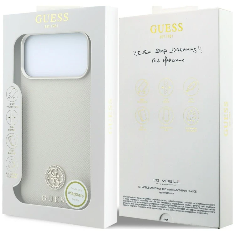 Etui Guess Grained Round Strass Logo MagSafe do Apple iPhone 18 Pro Max / 17 Pro Max beżowy