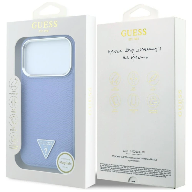Etui Guess Grained Triangle Logo MagSafe do Apple iPhone 18 Pro Max / 17 Pro Max niebieski