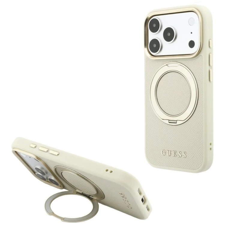 Etui Guess Ring Stand 360 Grained Classic Logo MagSafe do Apple iPhone 18 Pro Max / 17 Pro Max beżow