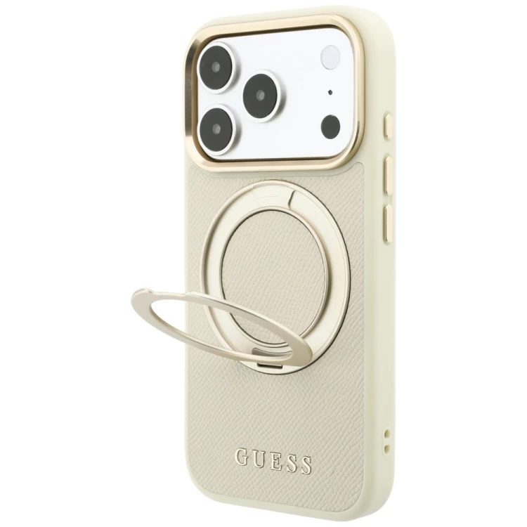 Etui Guess Ring Stand 360 Grained Classic Logo MagSafe do Apple iPhone 18 Pro Max / 17 Pro Max beżow