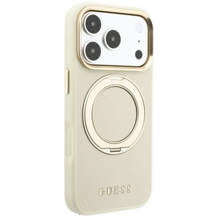 Etui Guess Ring Stand 360 Grained Classic Logo MagSafe do Apple iPhone 18 Pro Max / 17 Pro Max beżow