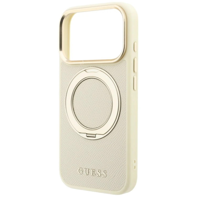 Etui Guess Ring Stand 360 Grained Classic Logo MagSafe do Apple iPhone 18 Pro Max / 17 Pro Max beżow