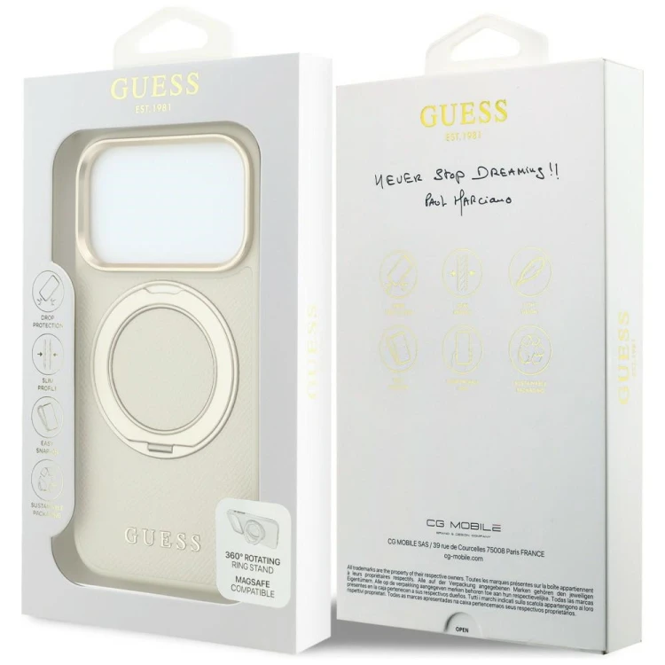Etui Guess Ring Stand 360 Grained Classic Logo MagSafe do Apple iPhone 18 Pro Max / 17 Pro Max beżow