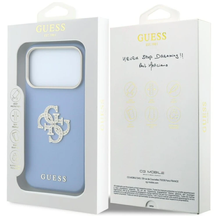 Etui Guess Smooth & Big Strass Logo do Apple iPhone 18 Pro Max / 17 Pro Max niebieski