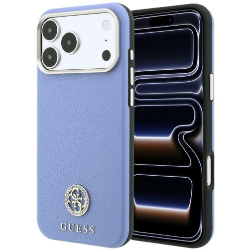 Etui Guess Grained Round Strass Logo MagSafe do Apple iPhone 18 Pro / 17 Pro niebieski