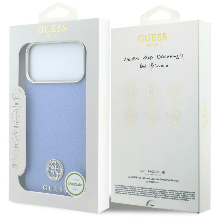 Etui Guess Grained Round Strass Logo MagSafe do Apple iPhone 18 Pro / 17 Pro niebieski