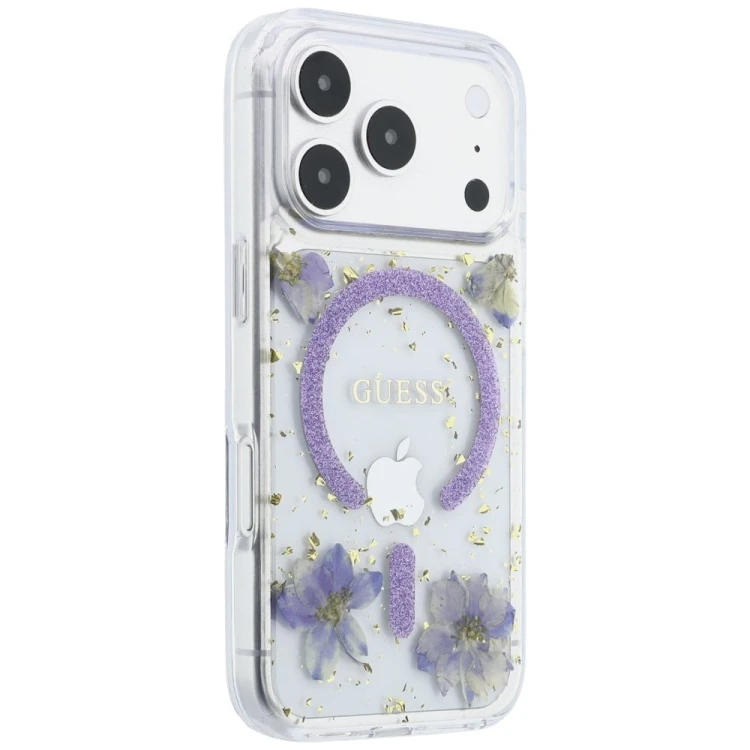 Etui Guess Resin Flowers Glitter MagSafe do Apple iPhone 18 Pro / 17 Pro fioletowy