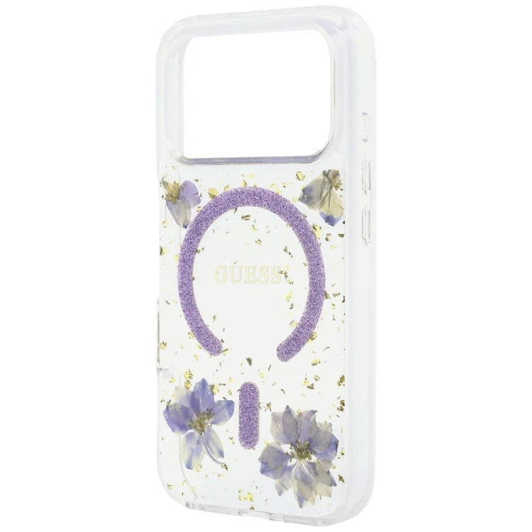 Etui Guess Resin Flowers Glitter MagSafe do Apple iPhone 18 Pro / 17 Pro fioletowy