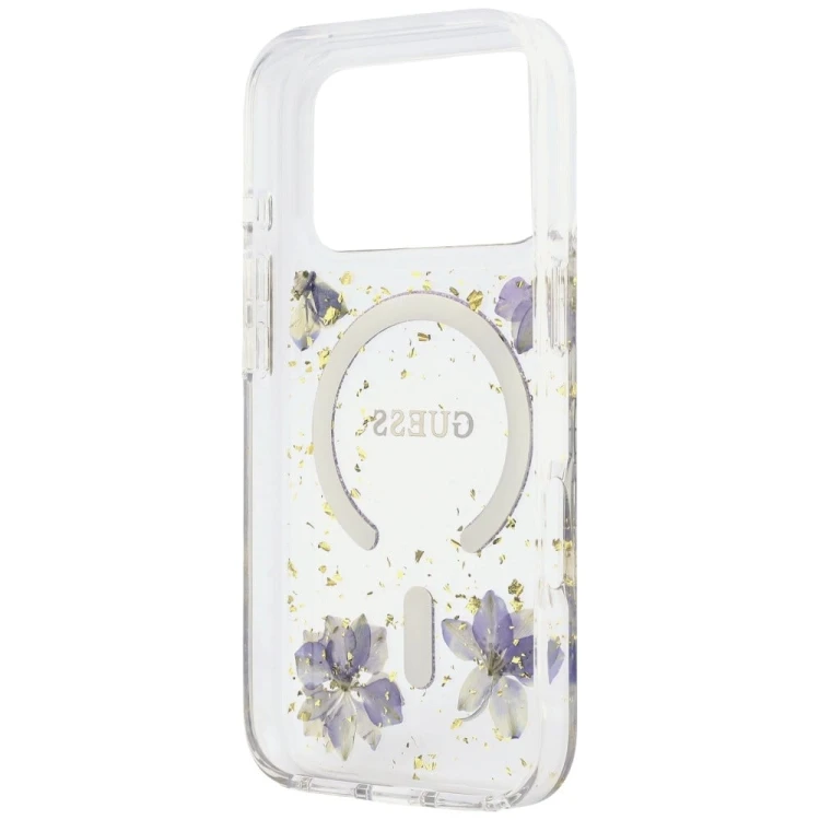Etui Guess Resin Flowers Glitter MagSafe do Apple iPhone 18 Pro / 17 Pro fioletowy