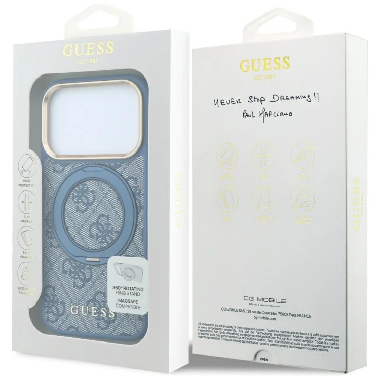 Etui Guess Ring Stand 360 4G Classic Logo MagSafe do Apple iPhone 18 Pro / 17 Pro niebieski