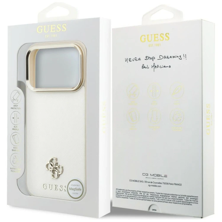 Etui Guess Saffiano Small 4G & Classic Logo MagSafe do Apple iPhone 18 Pro / 17 Pro beżowy