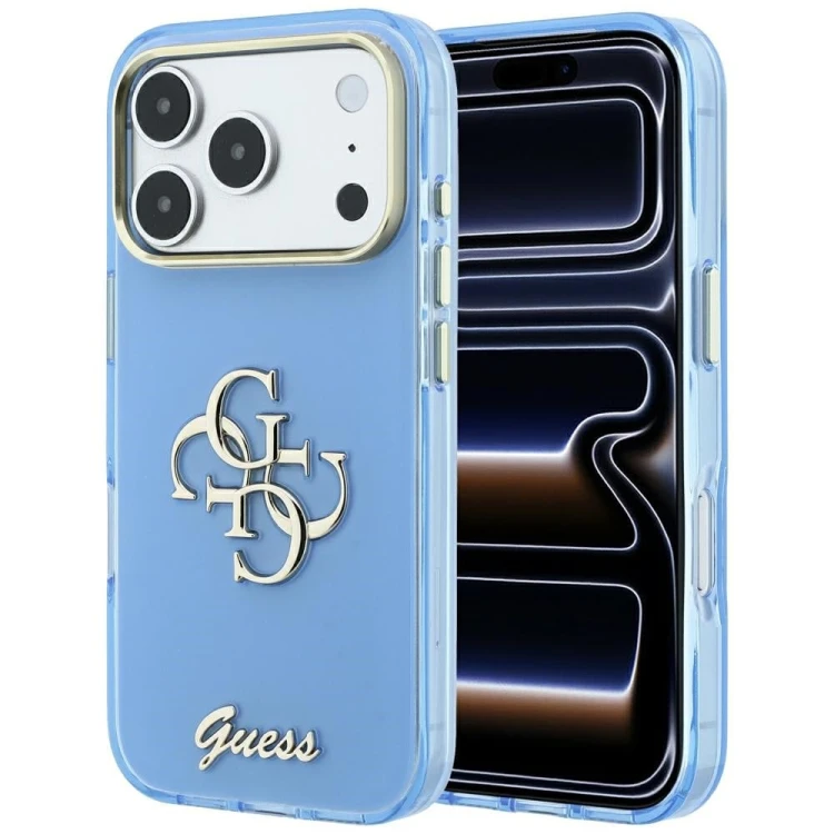 Etui Guess IML 4G Script Metal do Apple iPhone 18 Pro Max / 17 Pro Max jasno niebieski