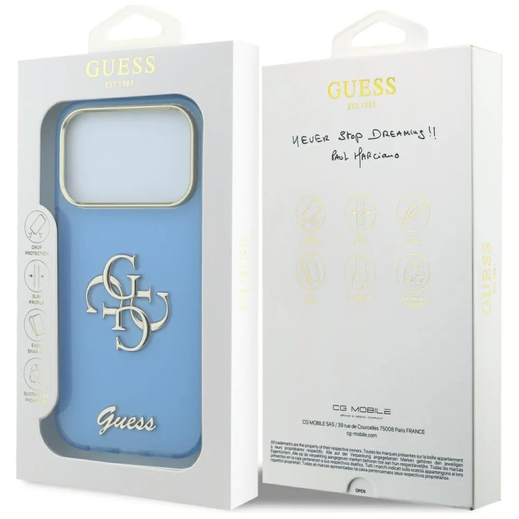 Etui Guess IML 4G Script Metal do Apple iPhone 18 Pro Max / 17 Pro Max jasno niebieski