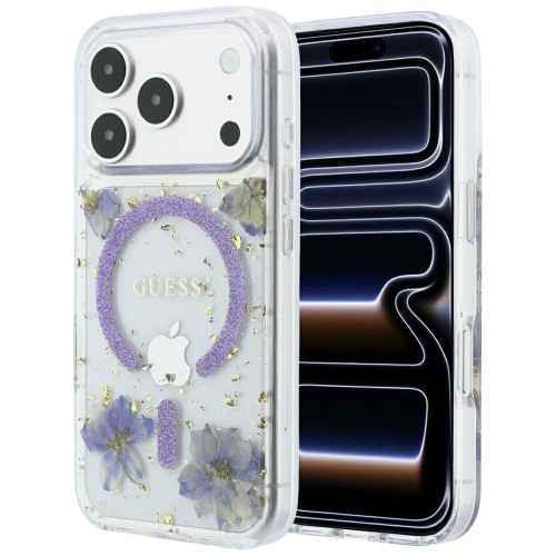 Etui Guess Resin Flowers Glitter MagSafe do Apple iPhone 18 Pro Max / 17 Pro Max fioletowy